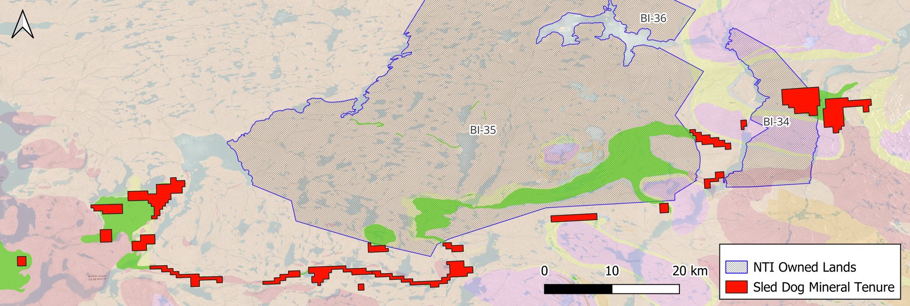 Geological map showing Sled Dog Resources mineral tenure and NTI owned lands on Baffin Island