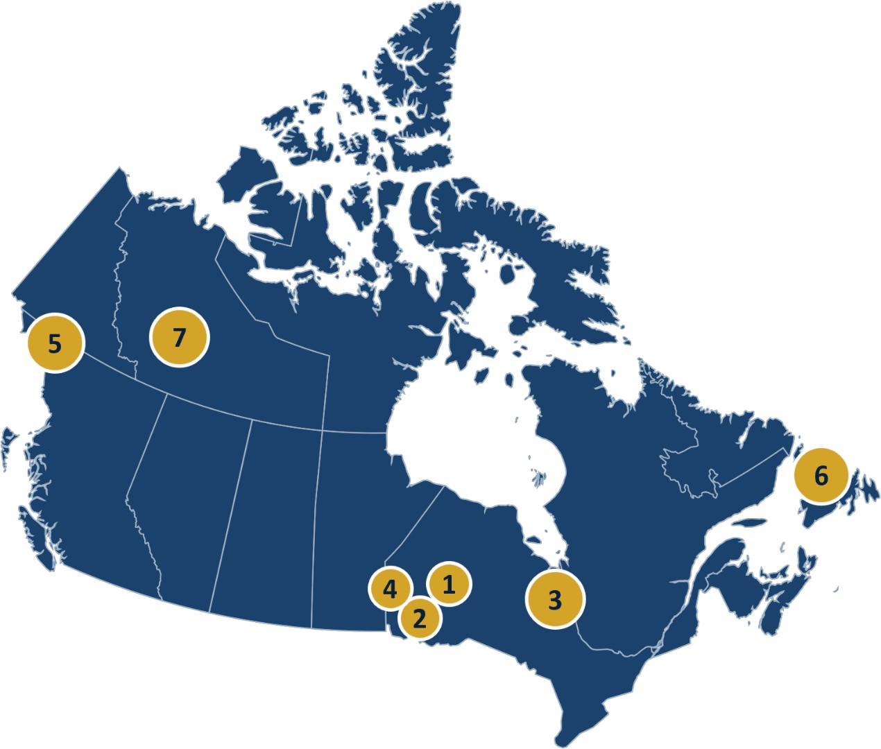 Map of Canada showing the location of the team's seven past and current projects